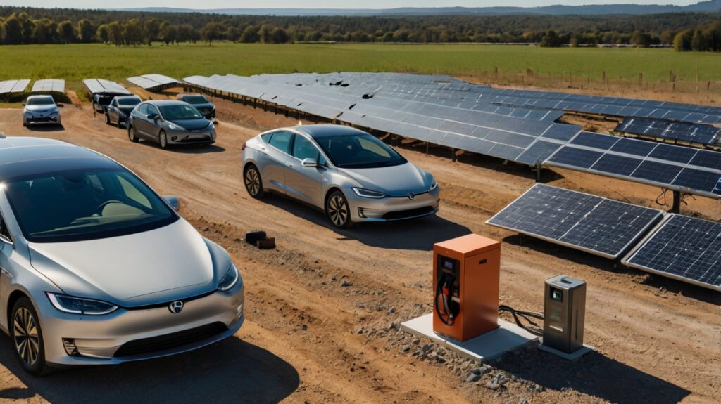 A collage of lithium battery applications: EV charging, solar energy storage, and consumer electronics.