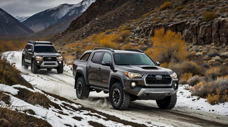 Comparison of a 4x4 vehicle in rugged mountains versus an AWD vehicle in a snowy urban setting.