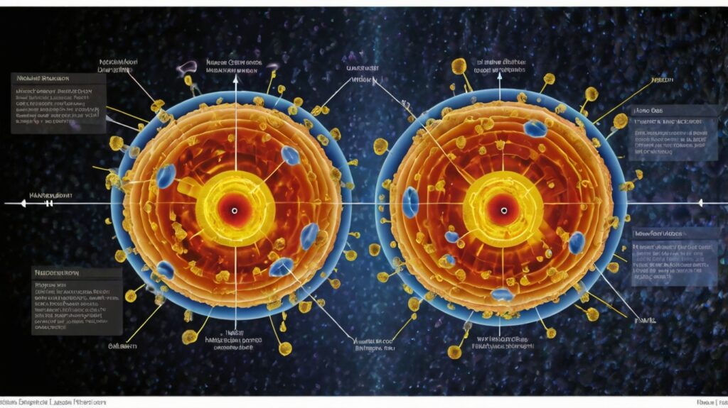 Infographic of nuclear fission showing uranium splitting into smaller nuclei with energy release