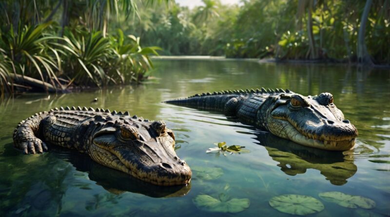 Illustration of an alligator in a swamp and a crocodile near a coastal mangrove, showcasing their distinct habitats.