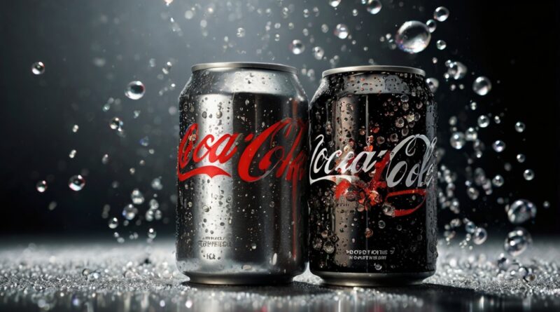 A comparison of Coke Zero and Diet Coke cans on a vibrant fizzy background.