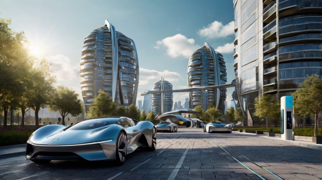 A futuristic city powered by lithium batteries, with EVs on the streets and renewable energy installations seamlessly integrated.