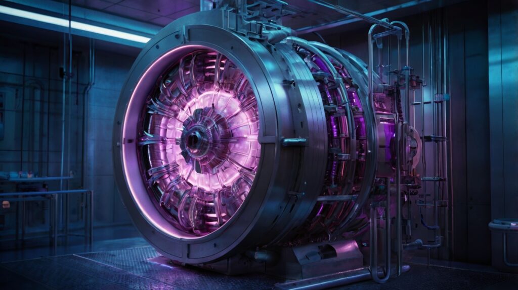 Visualization of a tokamak nuclear fusion reactor with glowing plasma.