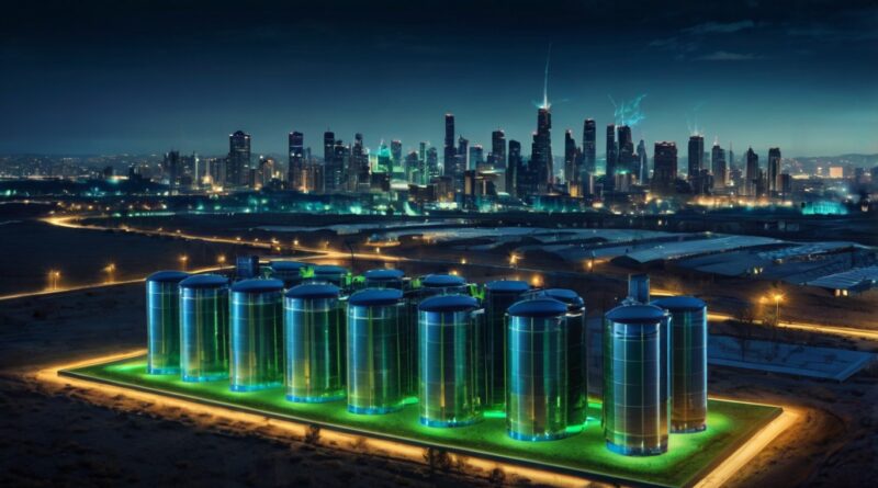 A futuristic lithium battery powering a sustainable city with wind turbines and solar panels in the background.