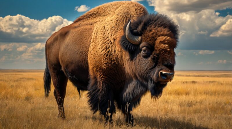 A North American bison standing on a sunlit prairie with a vivid blue sky in the background.
