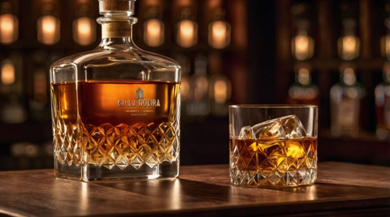 Side-by-side comparison of bourbon and whiskey in elegant glasses on a wooden bar.