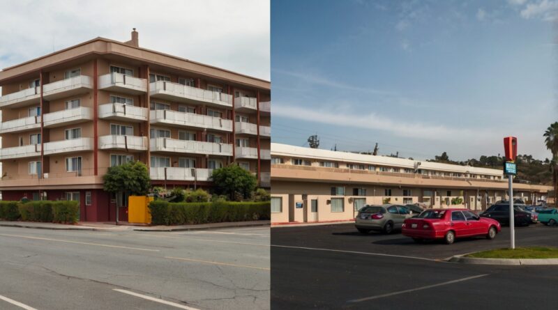 Side-by-side comparison of a luxurious hotel lobby and a modest motel exterior.