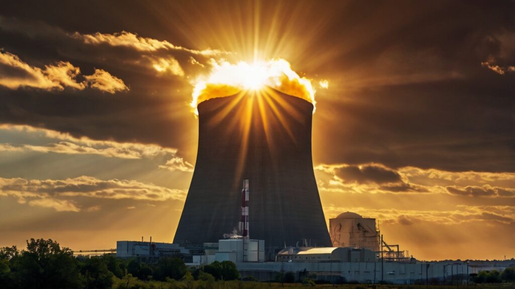 Comparison of the sun (fusion energy) and a nuclear power plant (fission energy).