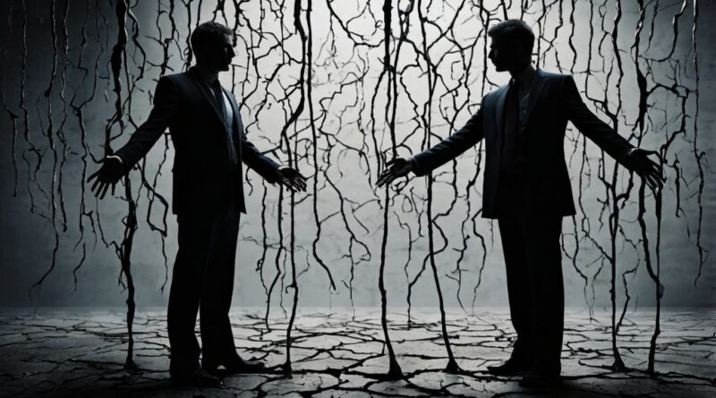 Abstract illustration depicting the contrasting traits of sociopaths and psychopaths with vibrant and chaotic versus cold and calculated silhouettes.