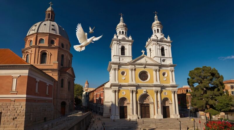 Illustration of a Catholic cathedral and Protestant church with a symbolic bridge between them