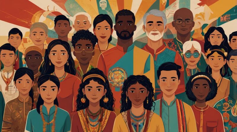 A diverse group of individuals representing different races and ethnicities, with cultural symbols in the background.